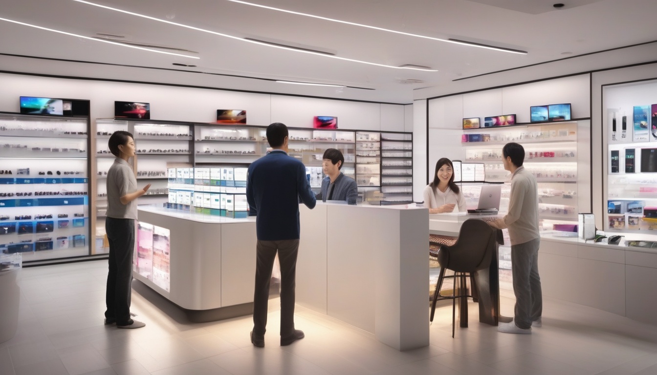 家電量販店のイヤホン売場で説明を受ける夫婦